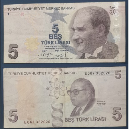 Turquie P.222e, TTB Billet de 5 Lira 2009 Aydin Sayili