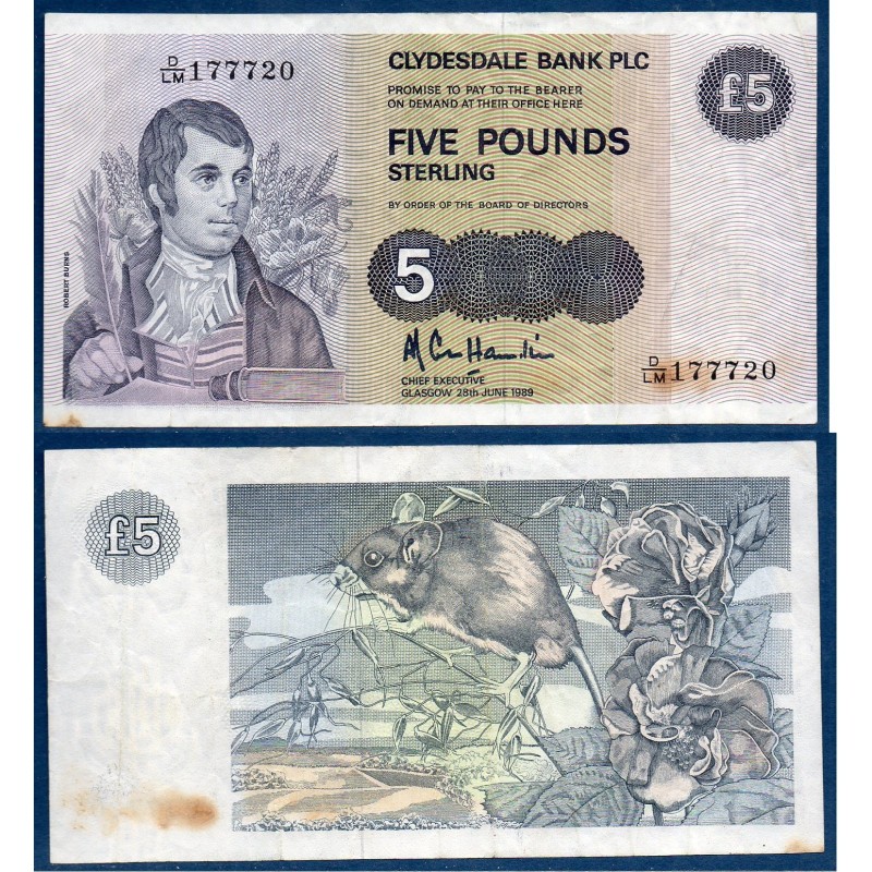 Ecosse P.212d, TB Billet de 5 pounds 1987-1989 Robert Burns