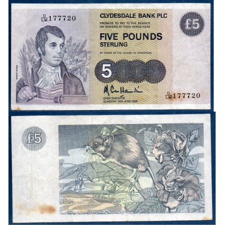 Ecosse P.212d, TB Billet de 5 pounds 1987-1989 Robert Burns