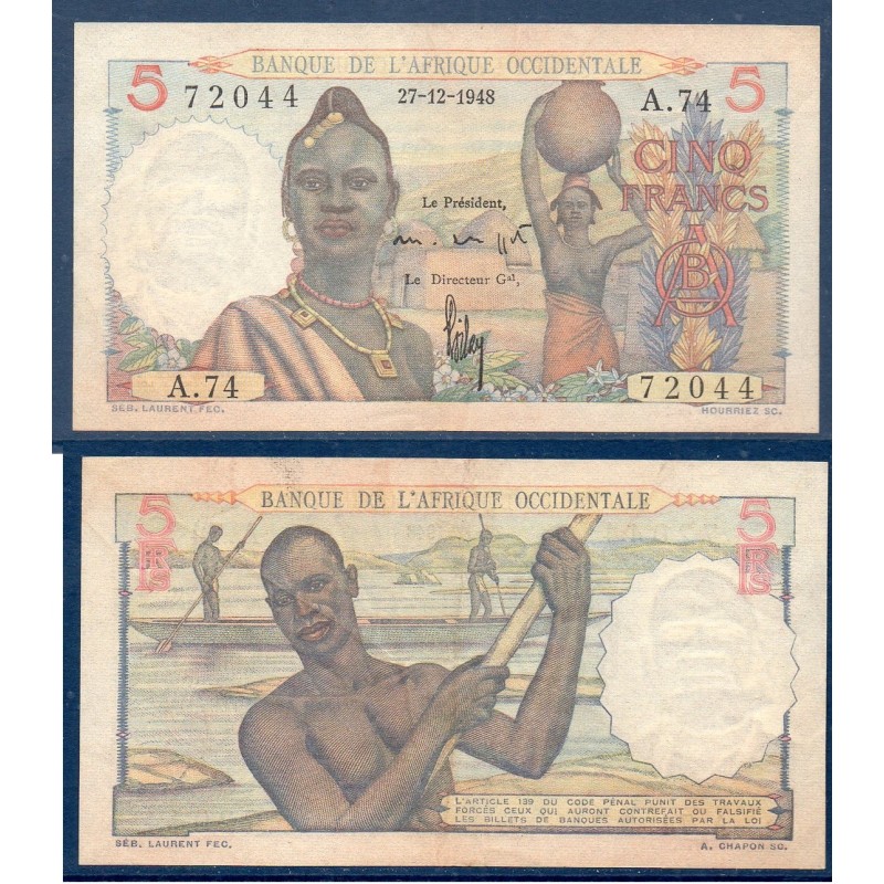 AOF P.36a, TB+ Billet de 5 Francs 27.12.1948 pirogue