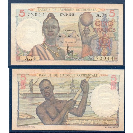 AOF P.36a, TB+ Billet de 5 Francs 27.12.1948 pirogue