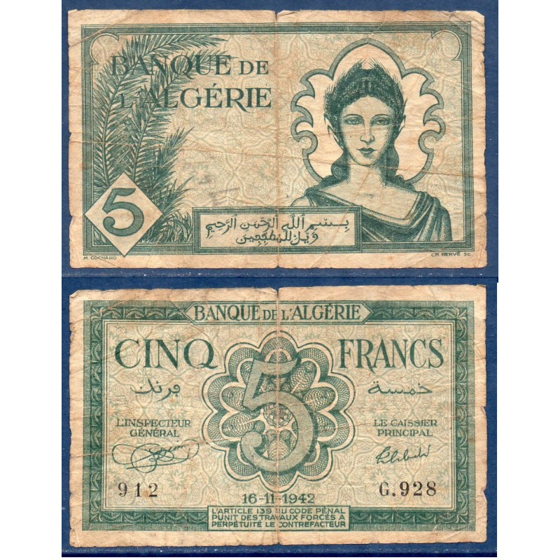 Algérie Pick N°91, B Billet de banque de 5 Francs 16.11.1942