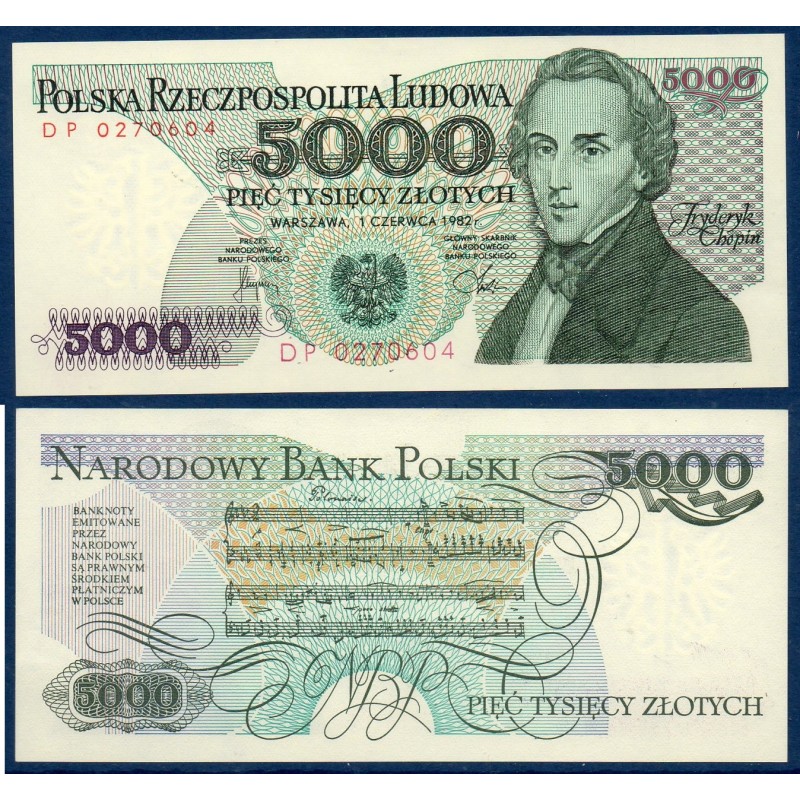 Pologne P.150a, Neuf, Billet de 5000 Zlotych 1982 Chopin