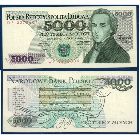 Pologne P.150a, Neuf, Billet de 5000 Zlotych 1982 Chopin