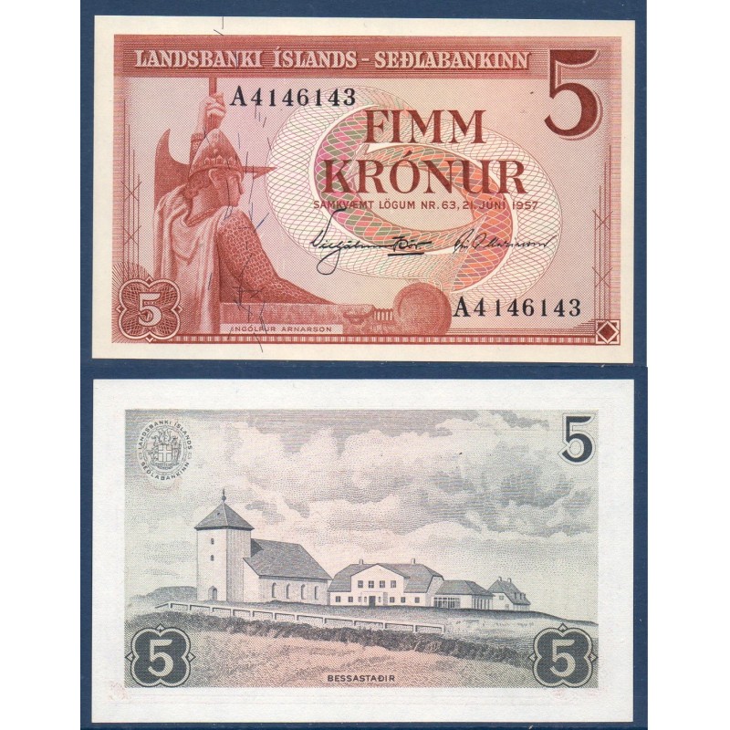 Islande P.37a, neuf Billet de 5 kronur 1957 Ingólfur Arnarson