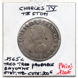 Teston 4ème type Charles IX (1565 L) TTB Bayonne pièce de monnaie royale