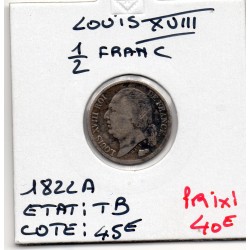 1/2 Franc Louis XVIII 1822 A Paris TB, France pièce de monnaie