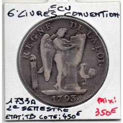 6 Livres génie Convention 1793 A paris 2eme semestre TB, France pièce de monnaie