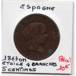 Espagne 5 centimos 1867 étoile 4 branches TTB-, KM 635.2 pièce de monnaie