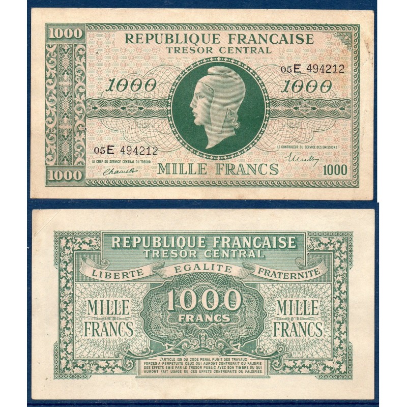 1000 Francs Marianne TTB 1945 série E Billet du trésor Central