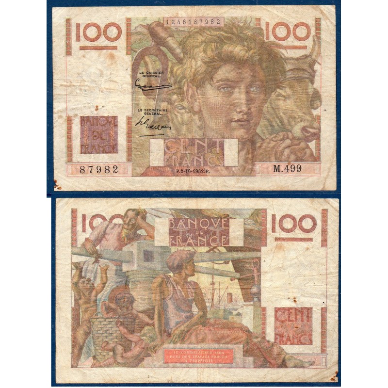 100 Francs Jeune Paysan filigrane inversé B 2.10.1952 Billet de la banque de France