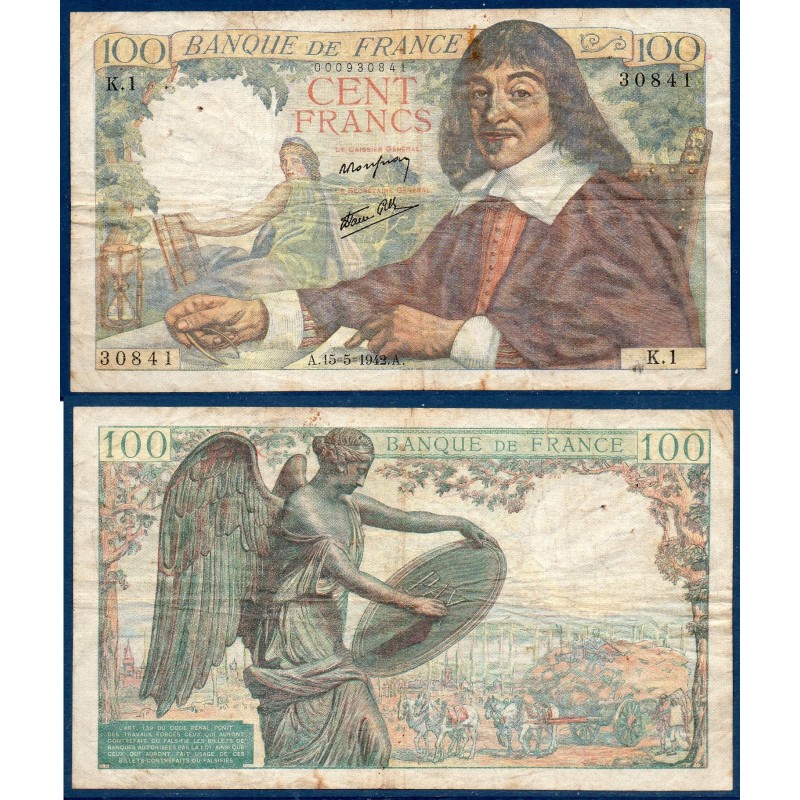 100 Francs Descartes TB 15.5.1942 Billet de la banque de France