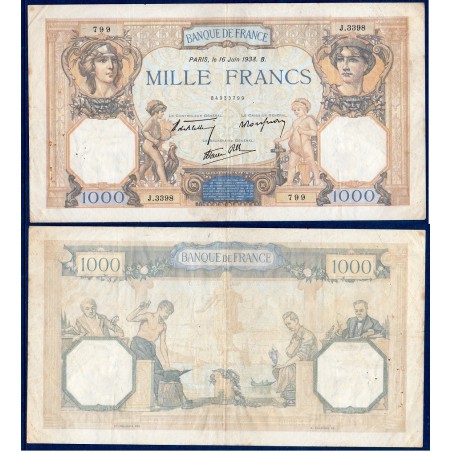 1000 Francs Cérès et Mercure TTB- 16.6.1938 Billet de la banque de France