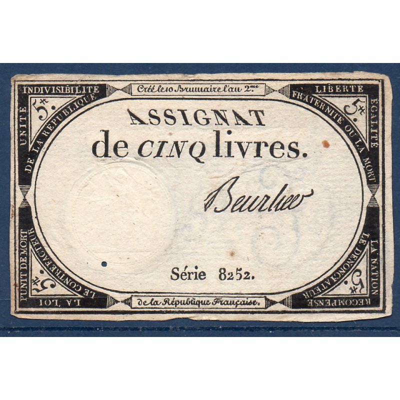 Assignat 5 livres 10 brumaire l'an 2 TTB signature Beurlier