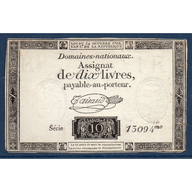 Assignat 10 livres 24.10.1792 TTB signature Taisaud mus 42a