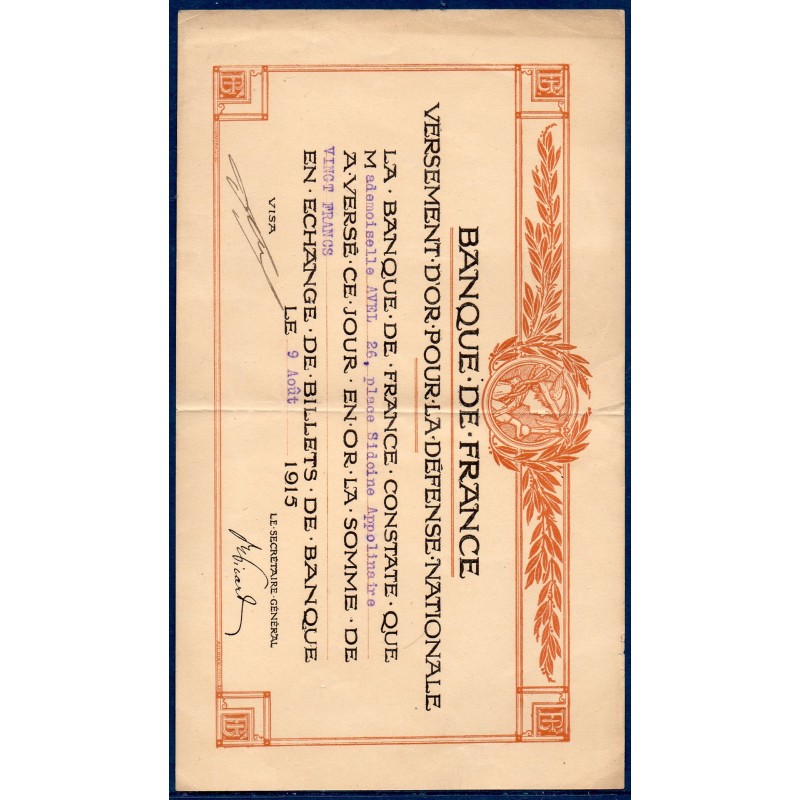 Bon de Versement d'or pour la défense nationale, 20 francs 9.8.1915