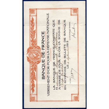 Bon de Versement d'or pour la défense nationale, 100 francs 4.9.1915