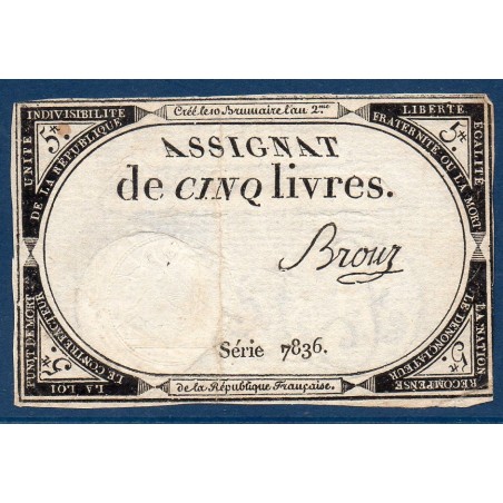 Assignat 5 livres 10 brumaire l'an 2 TTB signature Brouz