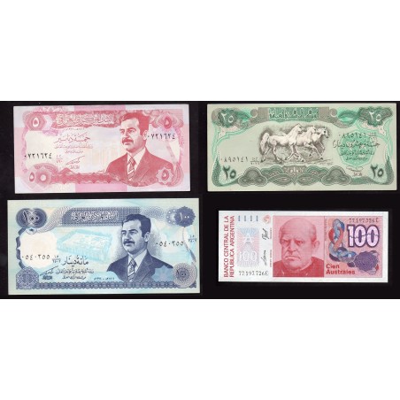 Lot de 4 Billets 3 Irak 1 Argentine SPL et NEUFS