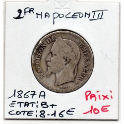 2 francs Napoléon III tête laurée 1867 A Paris B+, France pièce de monnaie