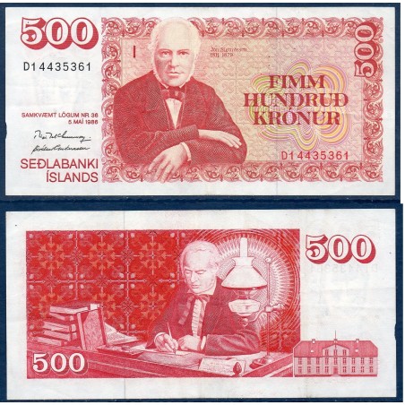 Islande P.55a, TTB Billet de 500 kronur 1986 Jon Sigurdsson