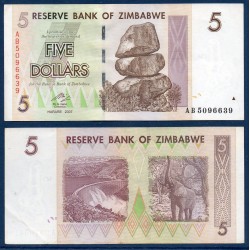 Zimbabwe P.66, TTB, Billet de 5 Dollars 2007 Roches