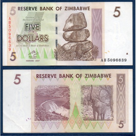 Zimbabwe Pick N°66, TTB Billet de banque de 5 Dollars 2007