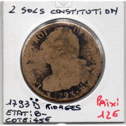2 Sols Constitution Louis XVI 1793 D.. Riorges B-, France pièce de monnaie