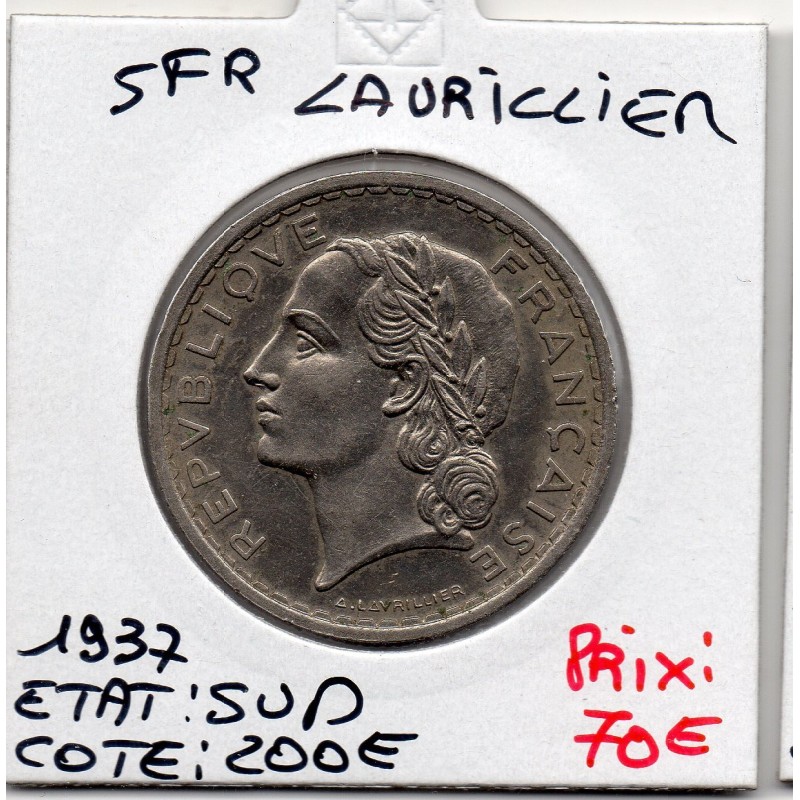 5 francs Lavrillier 1937 Sup, France pièce de monnaie