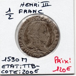 Demi Franc au col plat 1590 M Toulouse Henri III pièce de monnaie royale