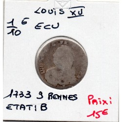 1/10 Ecu aux branches d'olivier 1733 9 Rennes B Louis XV pièce de monnaie royale