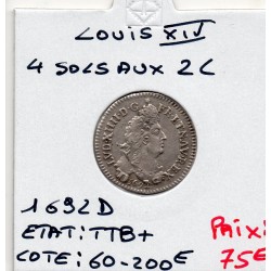 4 Sols au 2L 1692 D Lyon TTB+ Louis XIV reformé pièce de monnaie royale