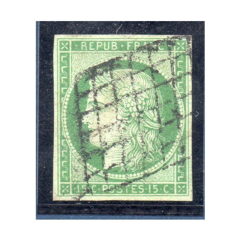 Timbre France Yvert No 2 Type Cérès 15c Vert Oblitéré Grille