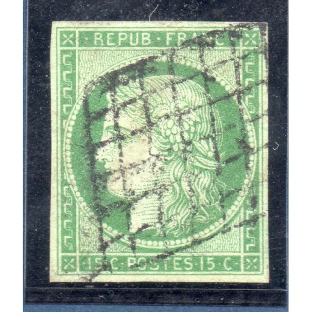 Timbre France Yvert No 2 Type Cérès 15c Vert Oblitéré Grille