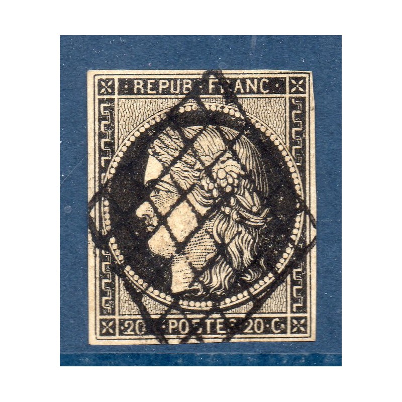 Timbre France Yvert No 3 Type Cérès 20c Noir sur jaune Oblitéré Grille