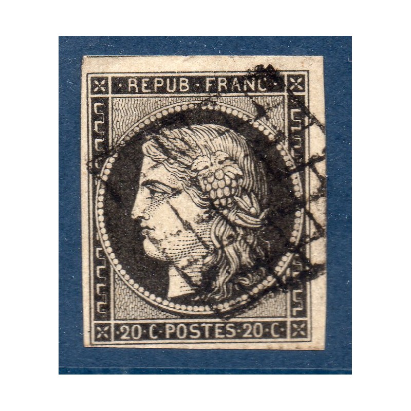 Timbre France Yvert No 3a Type Cérès 20c Noir sur blanc Oblitéré Grille