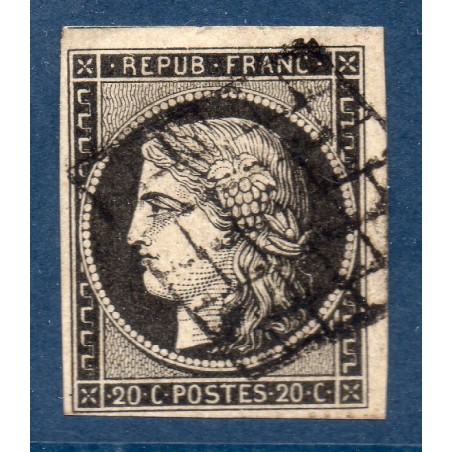 Timbre France Yvert No 3a Type Cérès 20c Noir sur blanc Oblitéré Grille