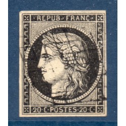 Timbre France Yvert No 3a Type Cérès 20c Noir sur blanc Oblitéré Grille