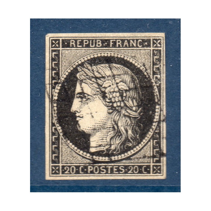 Timbre France Yvert No 3a Type Cérès 20c Noir sur blanc Oblitéré Grille