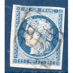 Timbre France Yvert No 4 Type Cérès 25c bleu Oblitéré Grille