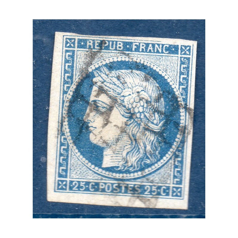 Timbre France Yvert No 4 Type Cérès 25c bleu Oblitéré Grille