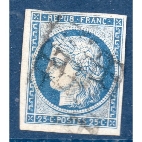 Timbre France Yvert No 4 Type Cérès 25c bleu Oblitéré Grille