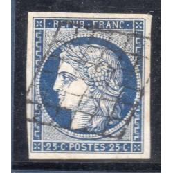 Timbre France Yvert No 4a Type Cérès 25c bleu foncé Oblitéré Grille