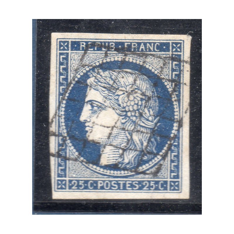 Timbre France Yvert No 4a Type Cérès 25c bleu foncé Oblitéré Grille