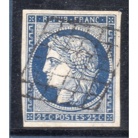 Timbre France Yvert No 4a Type Cérès 25c bleu foncé Oblitéré Grille