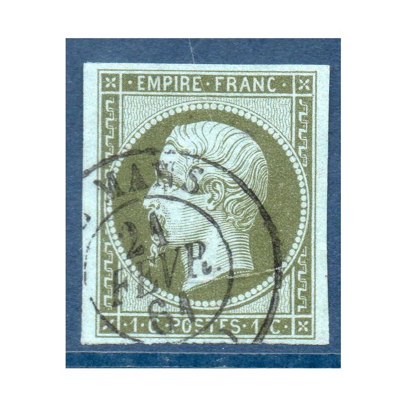 Timbre France Yvert No 11 Type Empire 1c Olive Oblitéré CaD Type 15