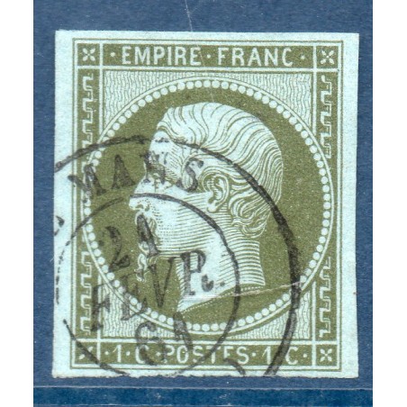 Timbre France Yvert No 11 Type Empire 1c Olive Oblitéré CaD Type 15