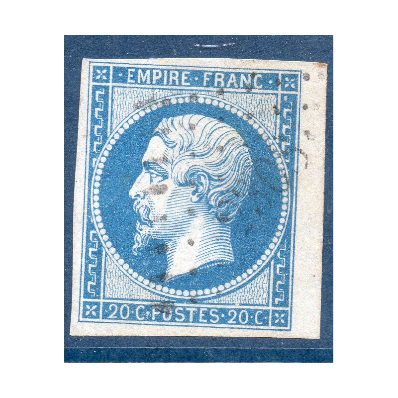 Timbre France Yvert No 14A Type I Empire 20c Bleu Oblitéré Petits chiffres