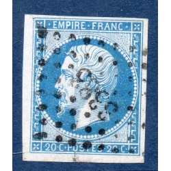 Timbre France Yvert No 14A Type I Empire 20c Bleu Oblitéré Petits chiffres