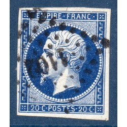 Timbre France Yvert No 14Ab Type I Empire 20c Bleu noir Oblitéré Petits chiffres